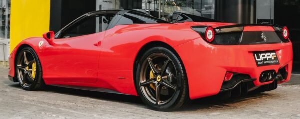 Rear view of Passion Red UPPF installed on a Ferrari