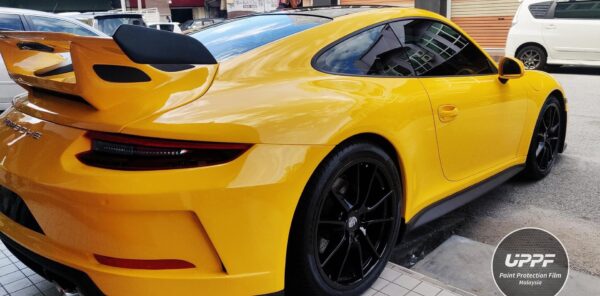 Rear view of UPPF Sunflower Yellow installed on a Porsche